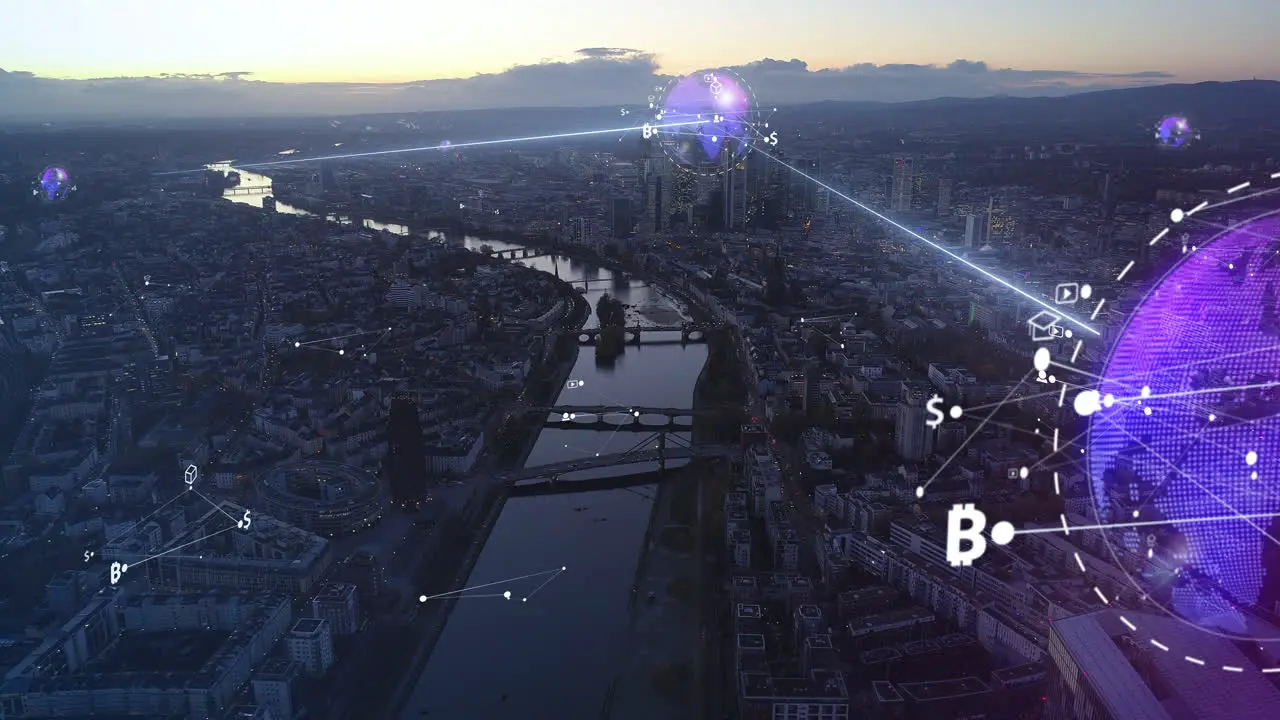 Aerial panoramic footage of river flowing through large city at twilight Digital visualisation of communication between data centres Frankfurt am Main Germany