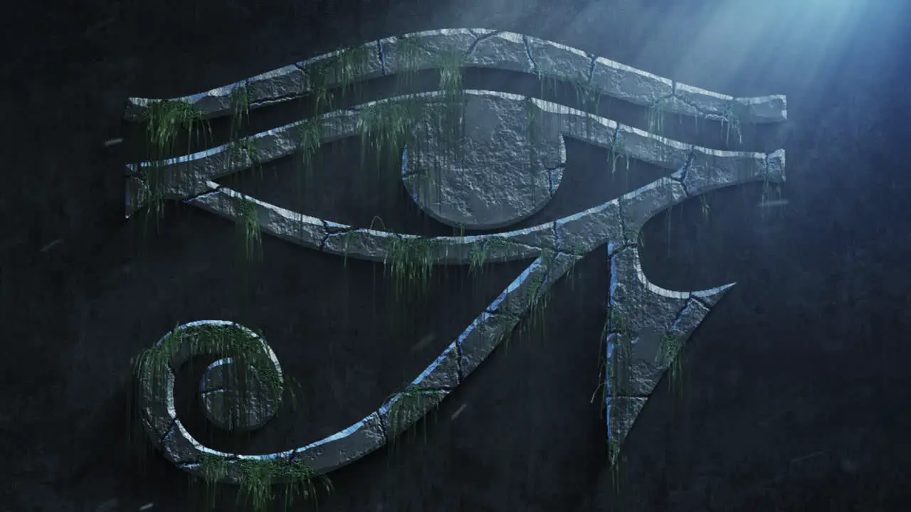 High quality dramatic motion graphic of the egyptian Eye of Horus All Seeing Eye icon symbol rapidly eroding and cracking and sprouting moss and weeds with atmospheric light rays and dust motes