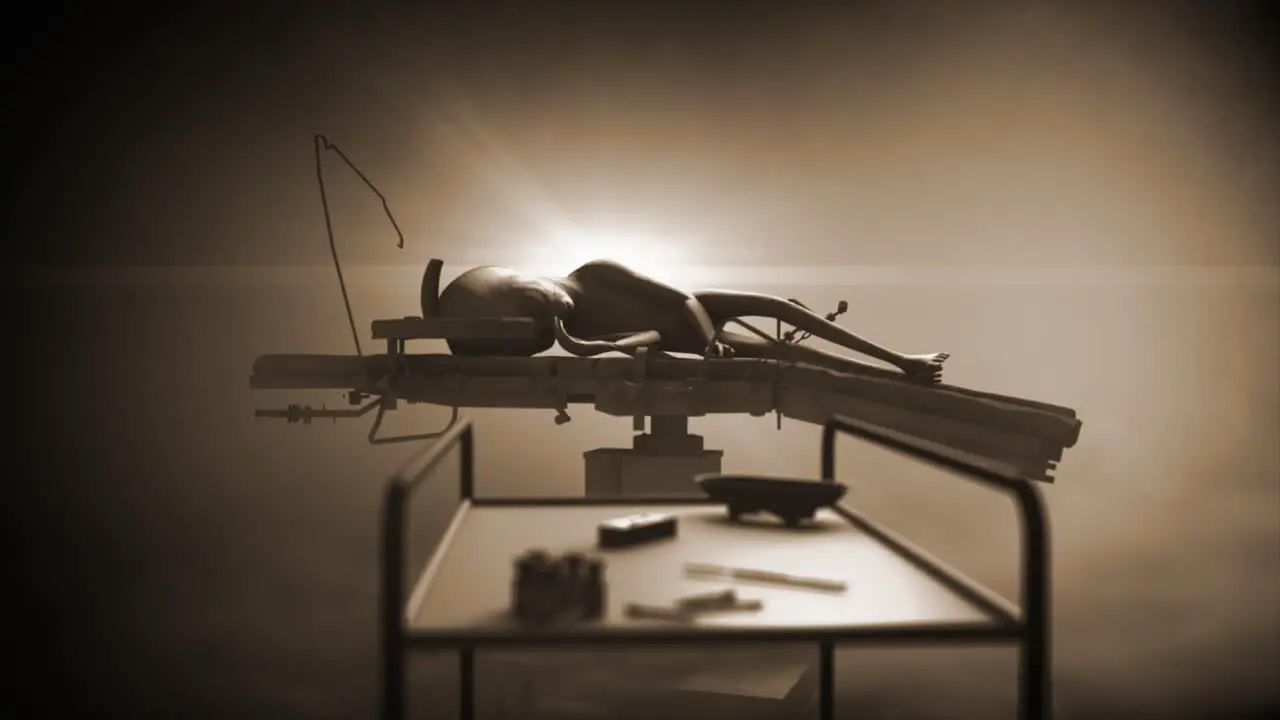 CGI scene of an alien autopsy in atmopheric smokey sepia environment with a classic Roswell style grey alien lying on a medical cot in focus in the background behind a tray of medical instruments