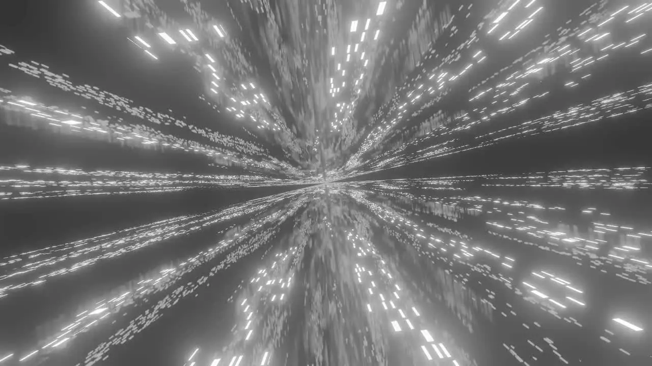 Computerized animation of immersing into monochromatic space tunnel with numerous fast moving particles