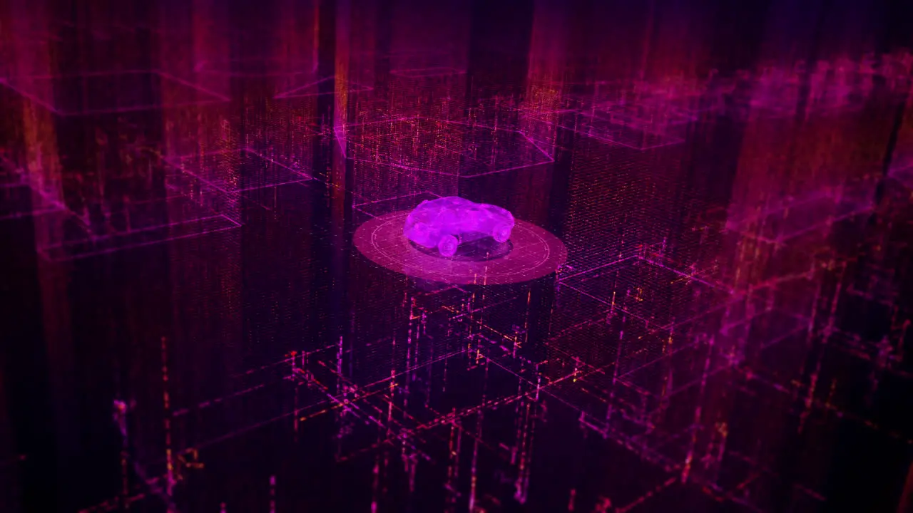 Animated 3D Car In Digital City Space Purple Motion Graphic