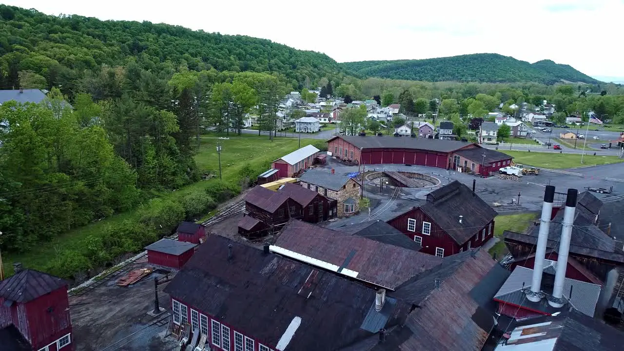 An Aerial View of an Abandoned Narrow Gauge Coal Rail Road Round House and Turntable and Support Building Starting to be Restored