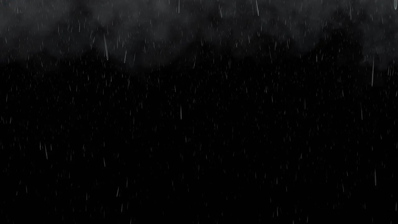 Light rain fall with grey clouds on black background 3D animation visual effects