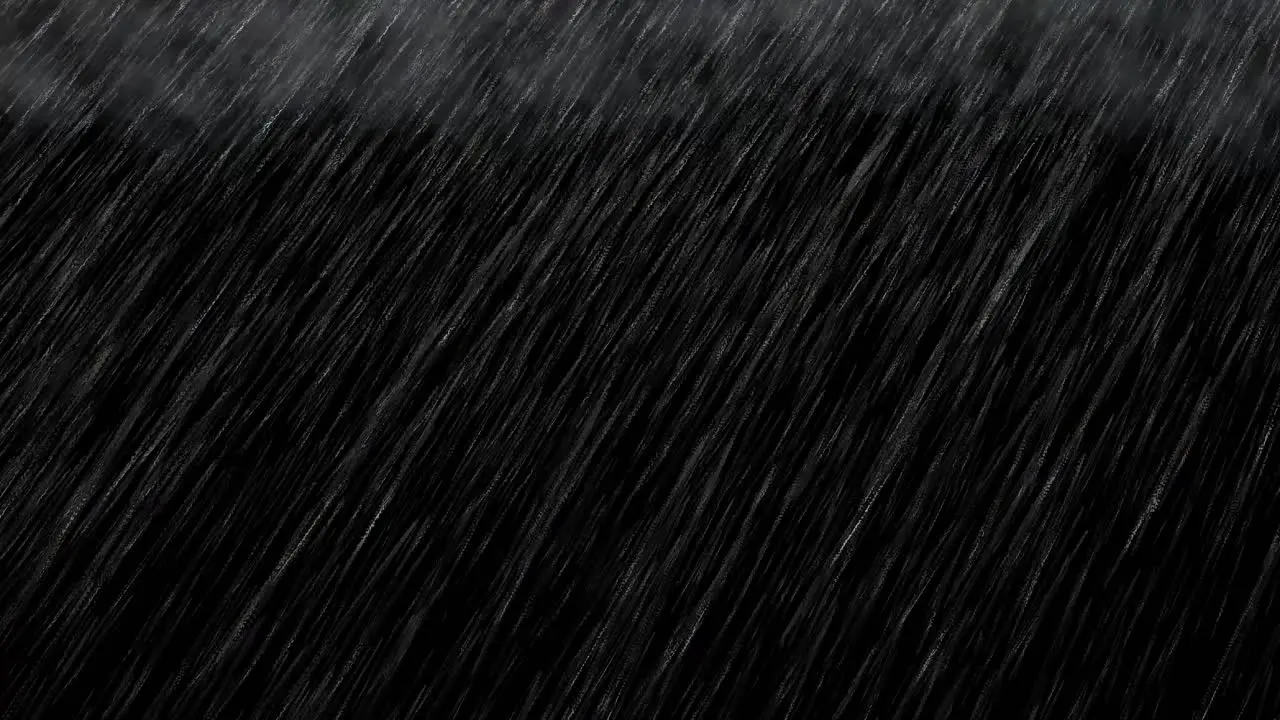 Heavy rainfall with grey clouds on black background 3D animation visual effects