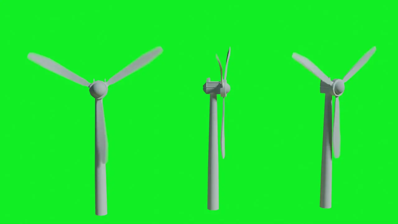 A looping video of turning wind turbines on green background