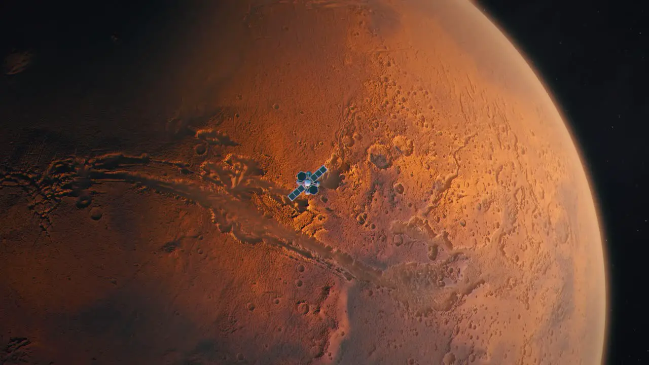 Establishing Shot of Mars Spinning from Left to Right with an Orbiting Satellite