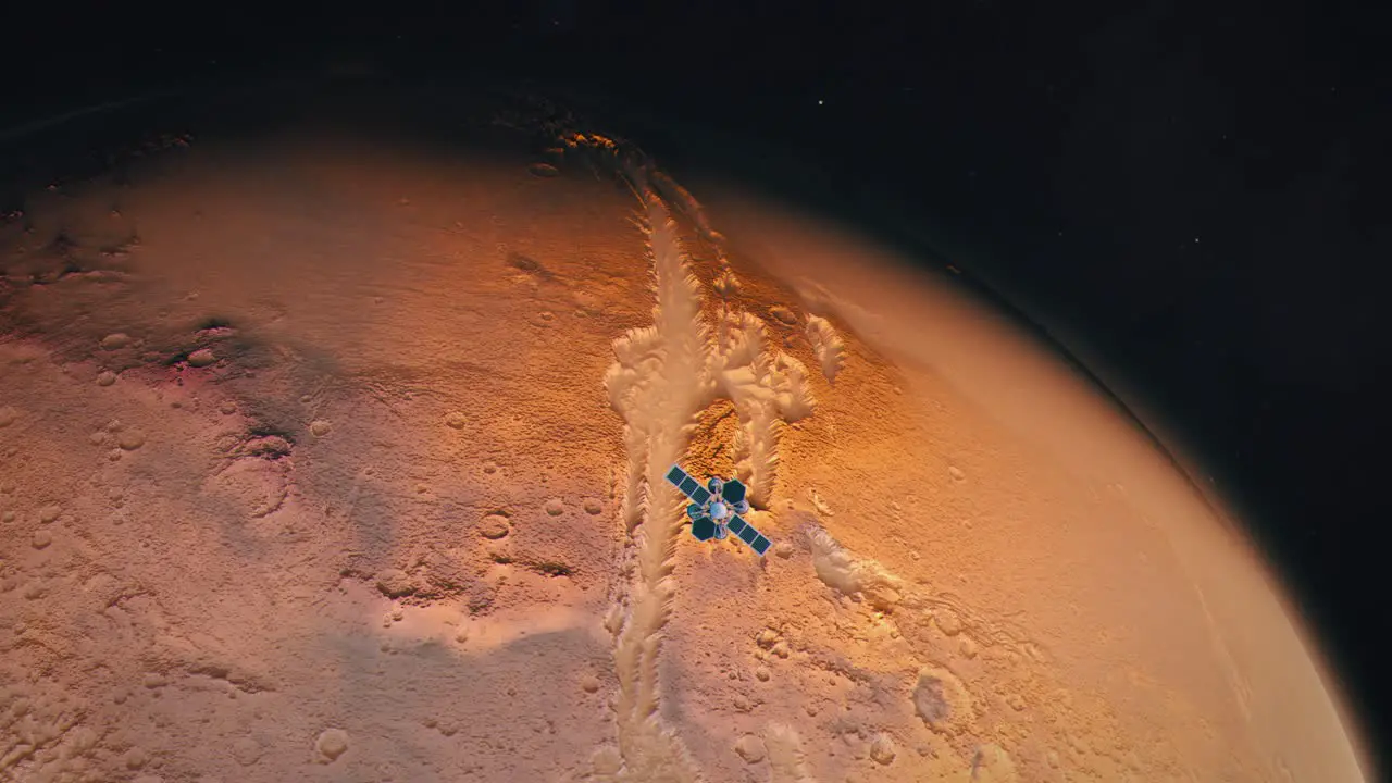 Establishing Shot of Mars The Red Planet with an Orbiting Satellite