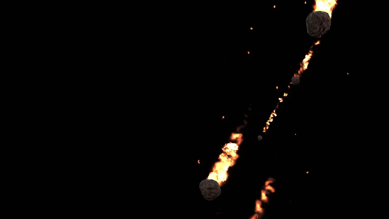 Meteors falling with fire trails and sparkles on black background visual effects 3D animation