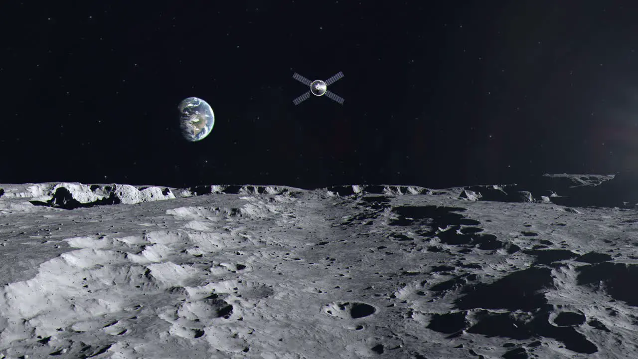 Surface of the Moon and the Orion Space Capsule Approaching From Earth and Flying Overhead