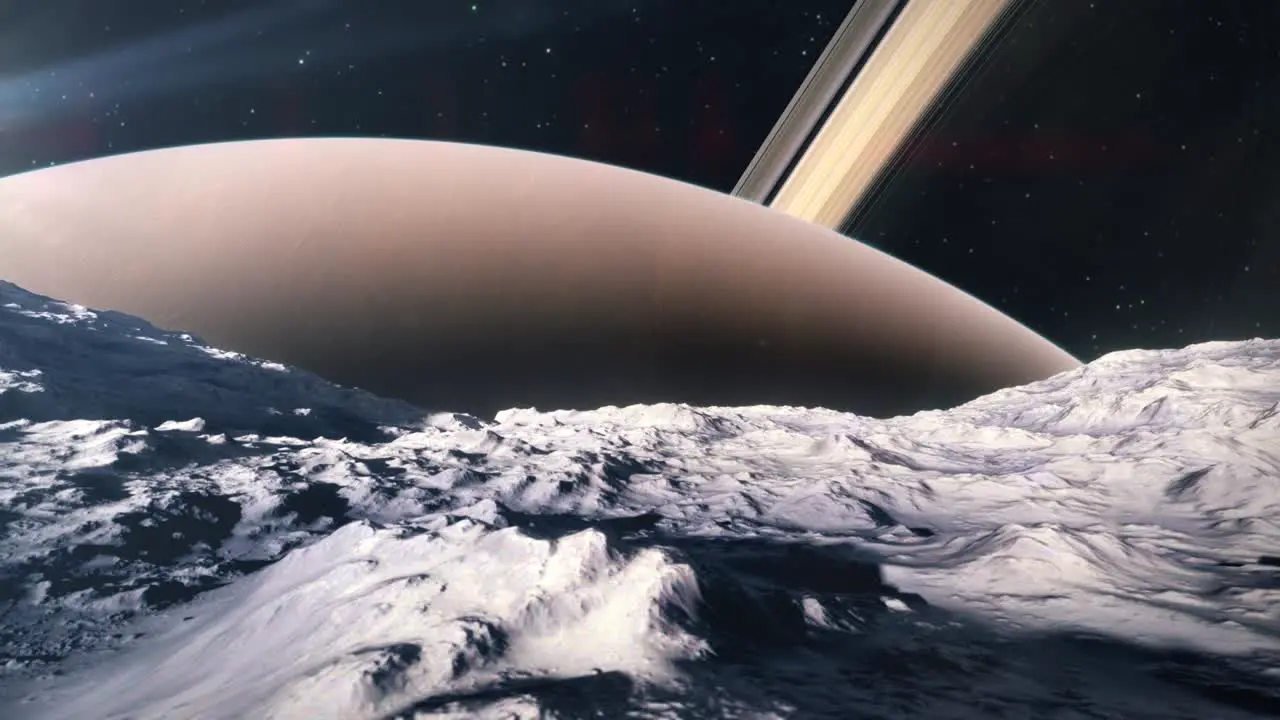 Passing Over the Surface of a Moon orbiting The Gas Giant of Saturn