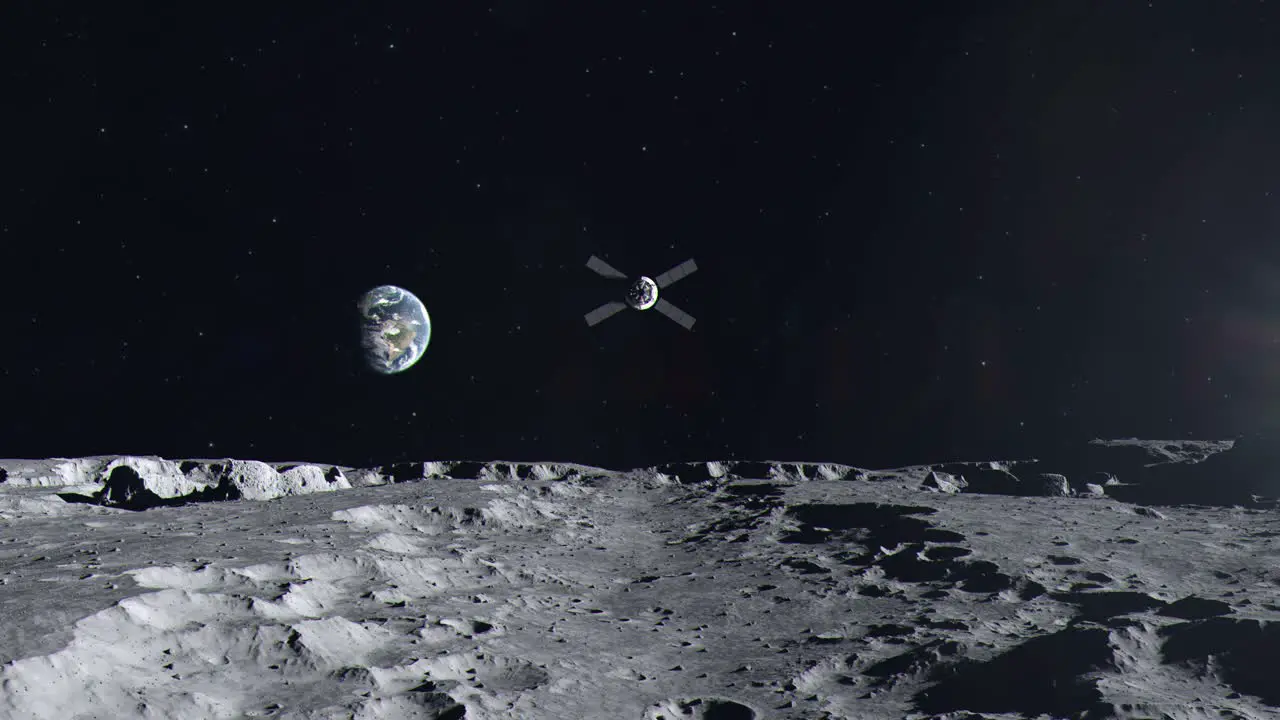 Surface of the Moon and the Orion Space Capsule Flying Overhead Towards Planet Earth