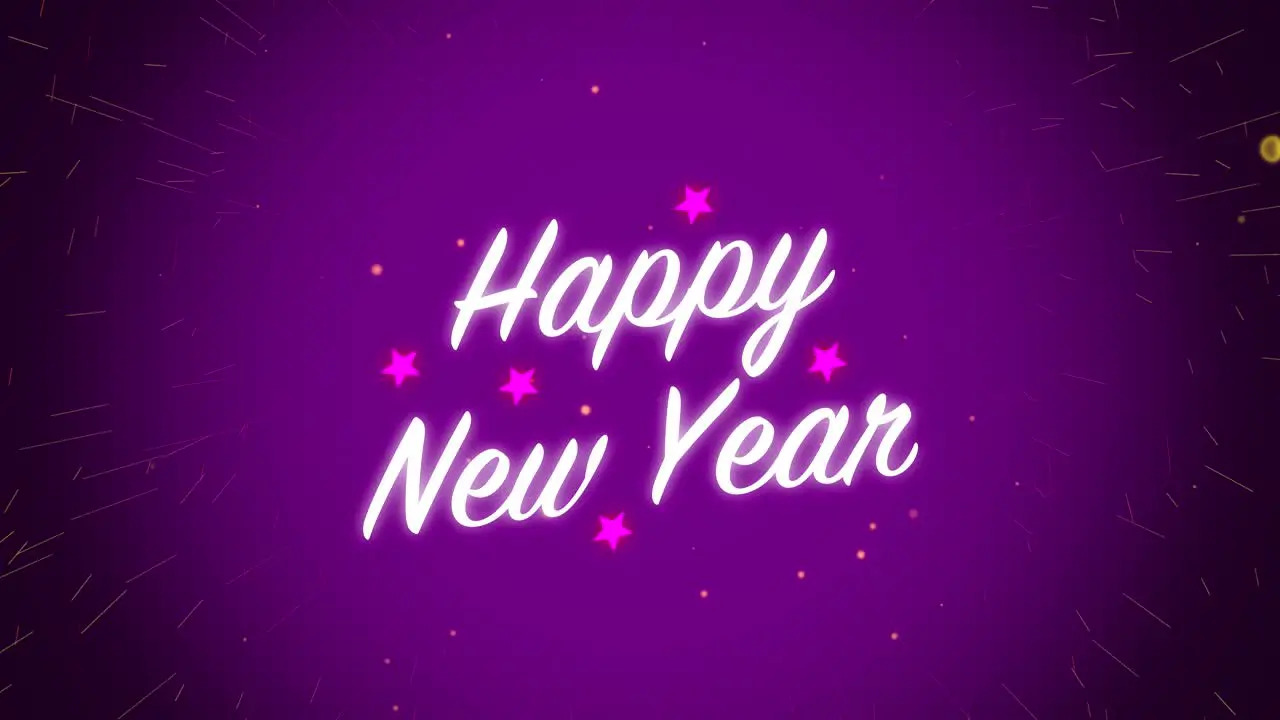 Animated motion graphics white happy new year celebration with light stars and fireworks alpha looping particle glow visual effect text title background 4K pink