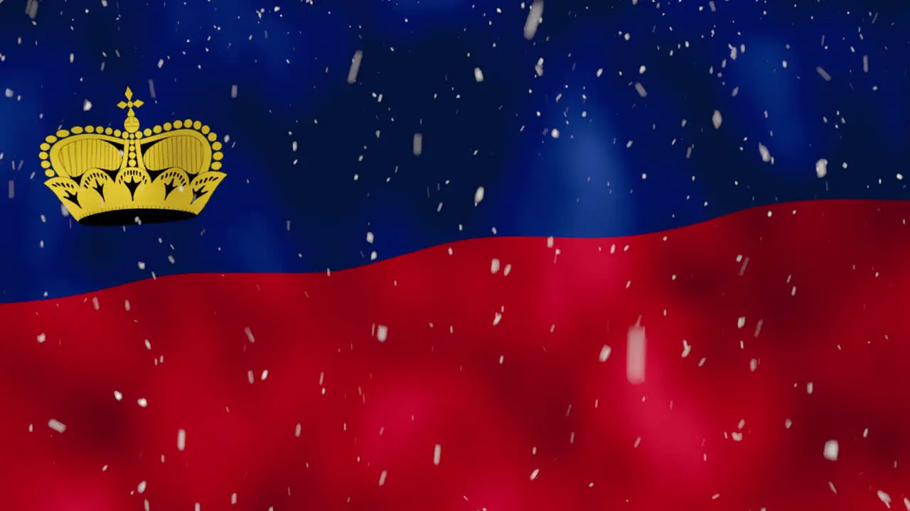 Waving national flag of Lichtenstein with snowfall VFX in foreground