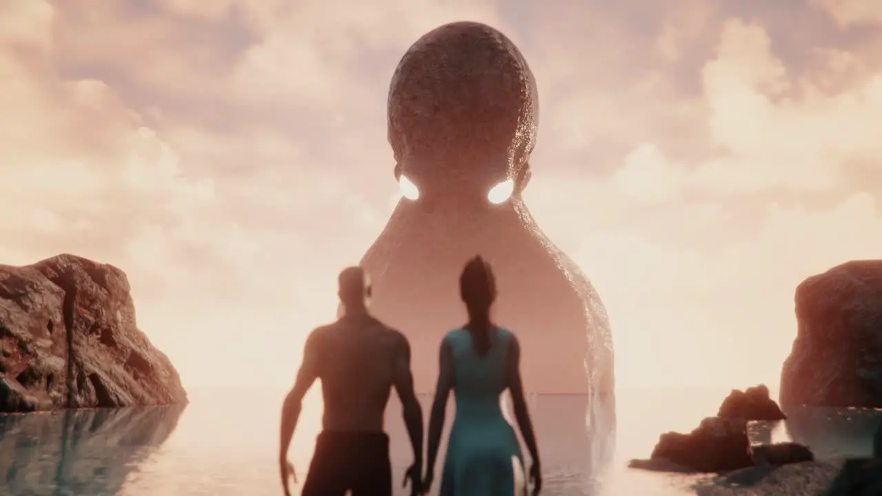 Animation of Couple standing next to the ocean when a giant octopus rise from the horizon