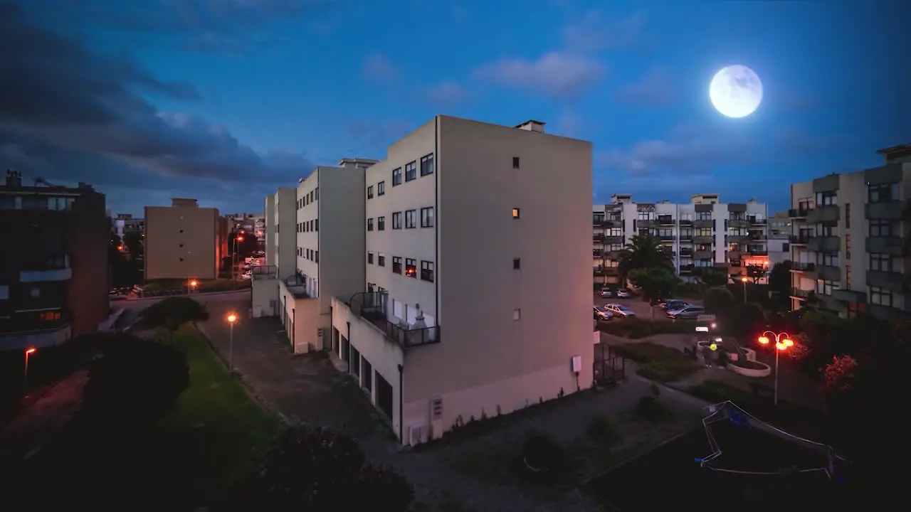 "Boomerang" Loop Compositing of a day and night showing a building and people out at night talking with emojis