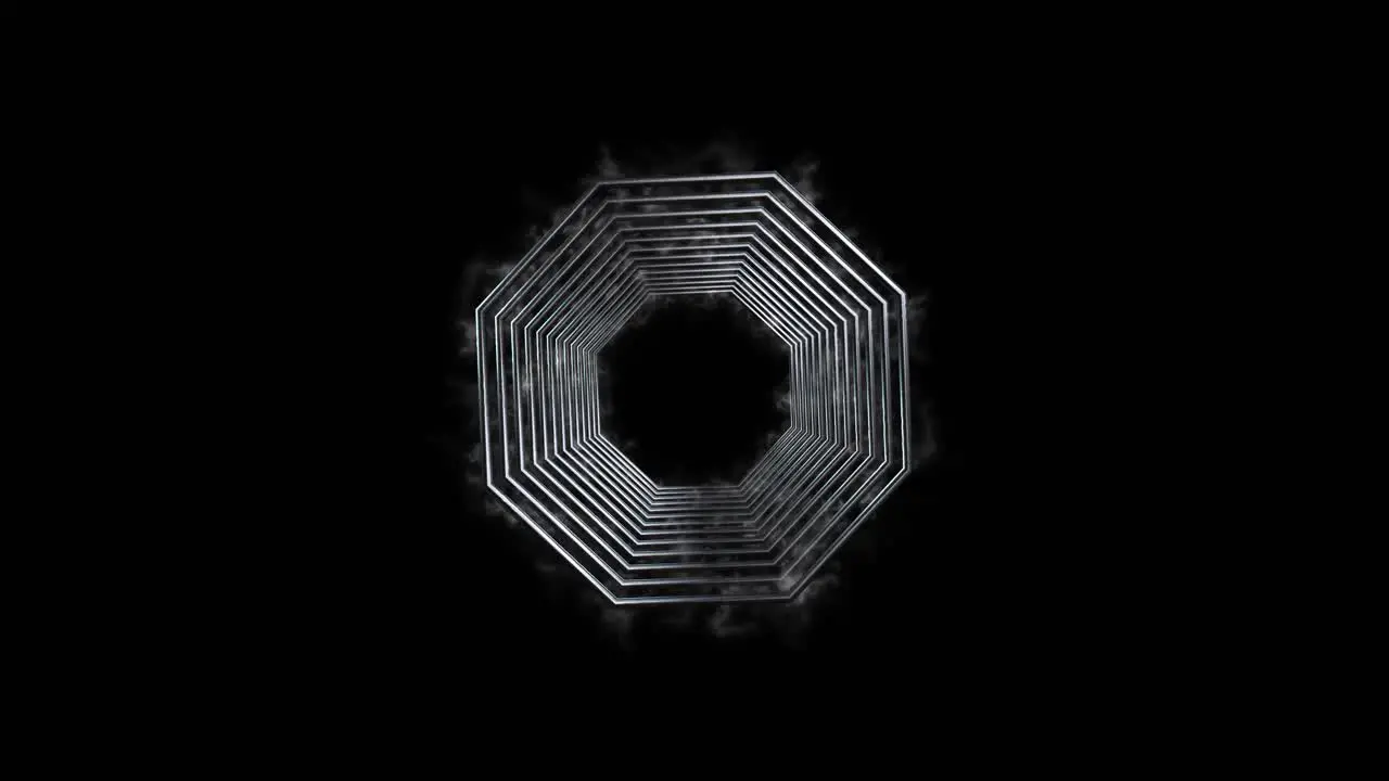 Octagon metallic rings emitting energy particles and rotating on black background 3D animation