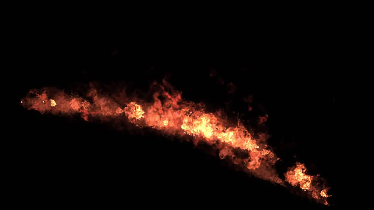 Flamethrower fire effect shooting from left side of screen on black background visual effects 3D animation