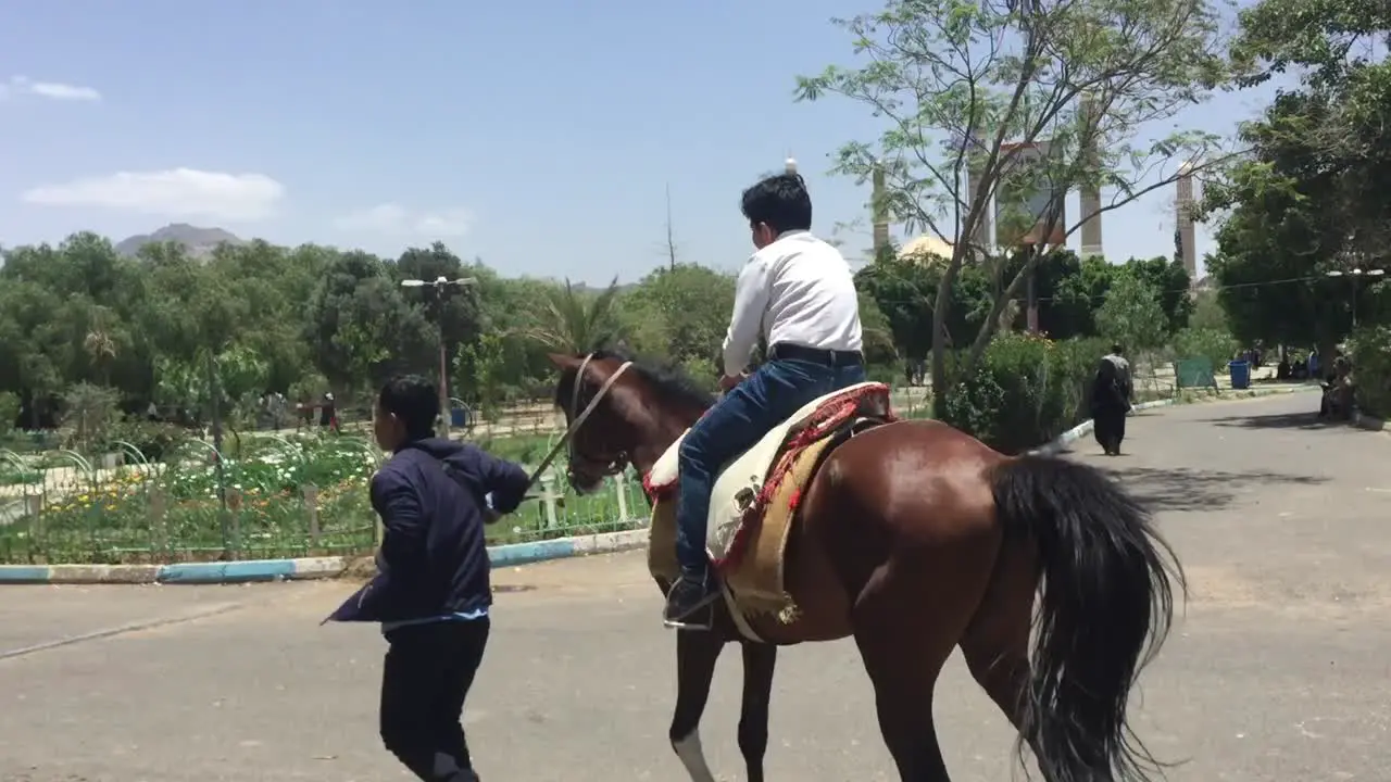 my son on the horse for the first time still scared