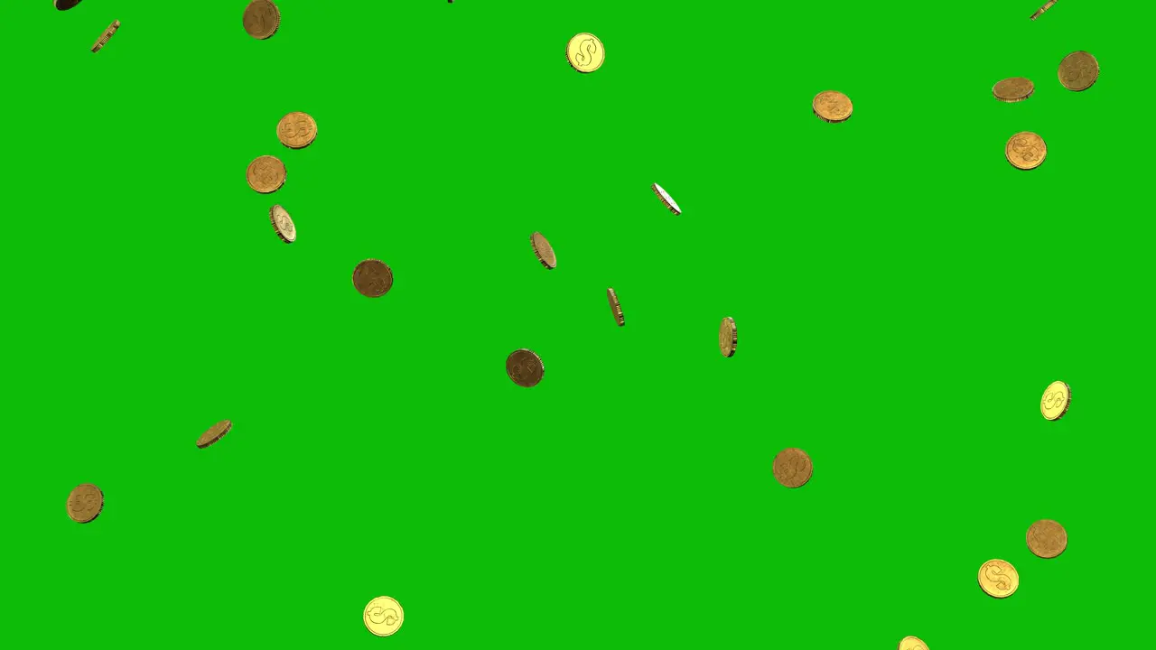 Glowing gold coins falling from the top of the frame on green screen 3D animation camera closer