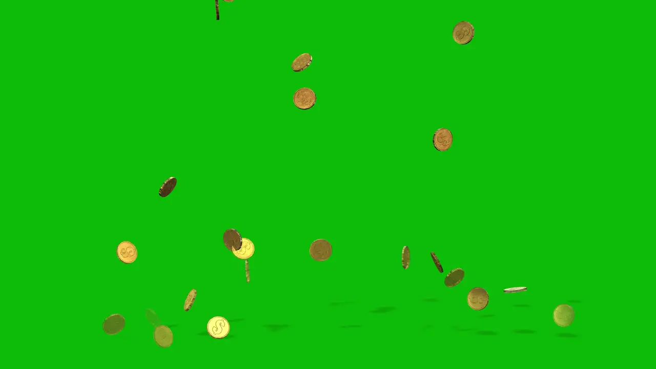 Glowing gold coins falling on green screen from the top of the frame and bouncing with shadows 3D animation