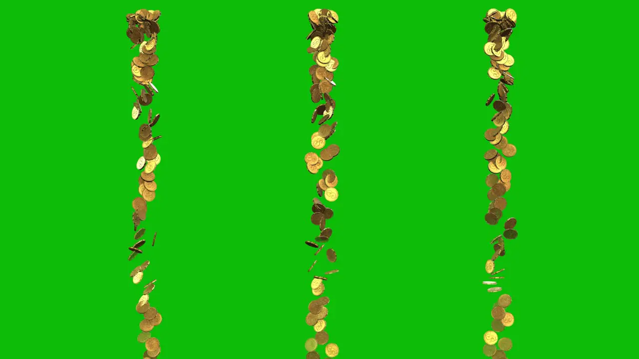 Glowing gold coins falling in rows from the top of the frame on green screen 3D animation