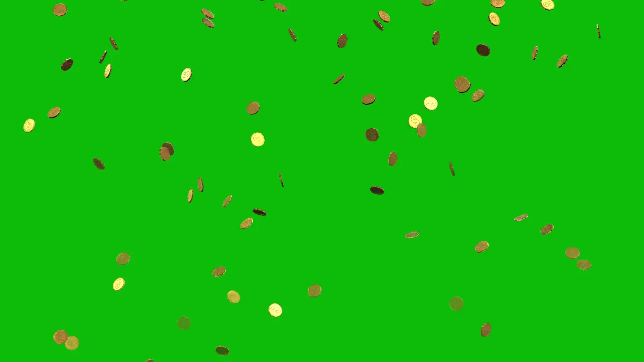 Glowing gold coins falling from the top of the frame on green screen 3D animation