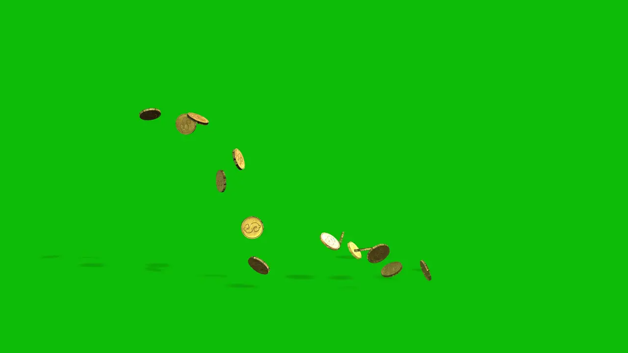 Glowing gold coins falling and bouncing on green screen 3D animation