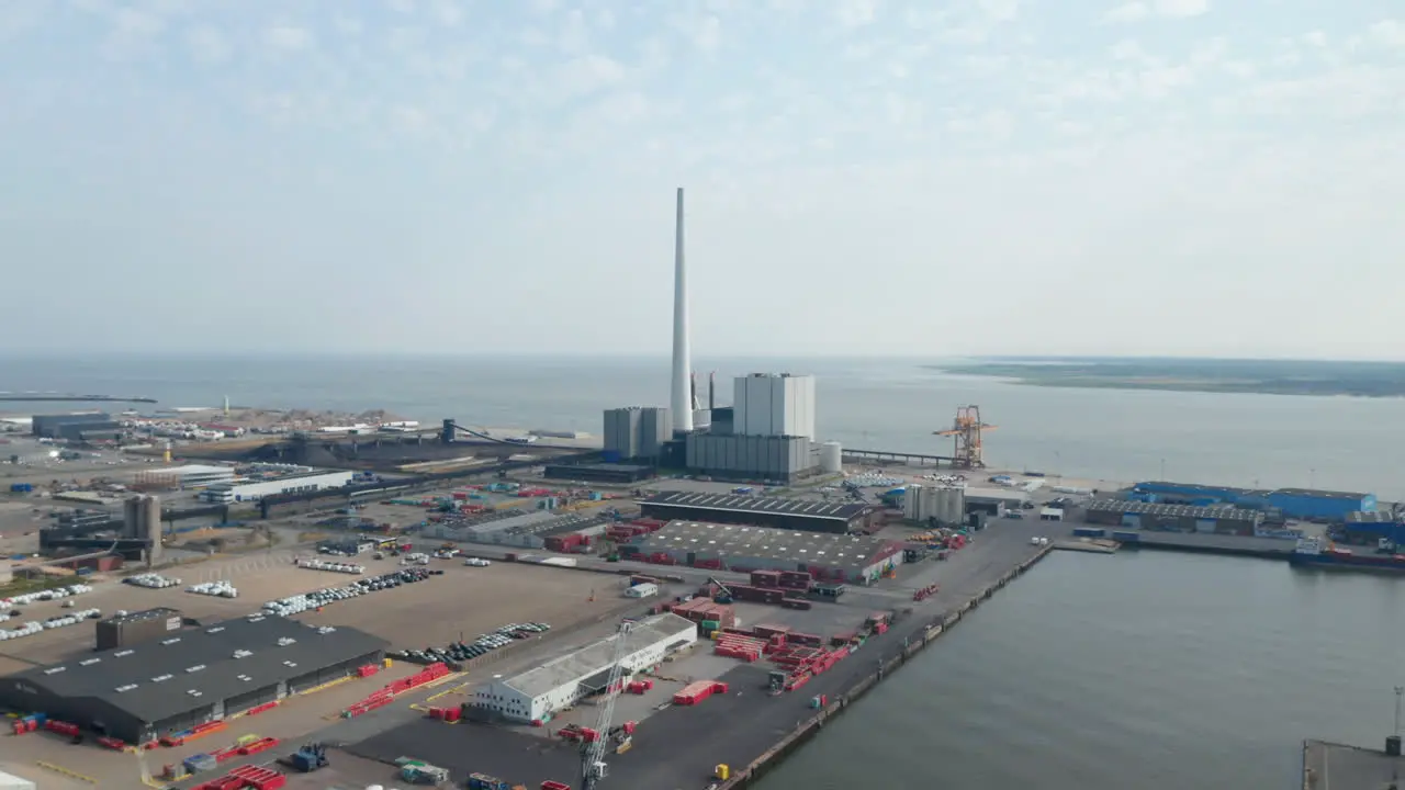 Overhead view over the city of Esbjerg with his harbor and the chimney of the coal and oil fueled power plant This chimney is the tallest in Scandinavia