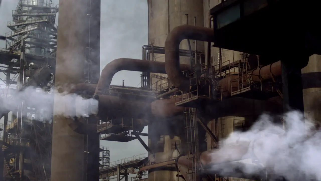 Steam blows from rusty vent pipes at industrial steel factory