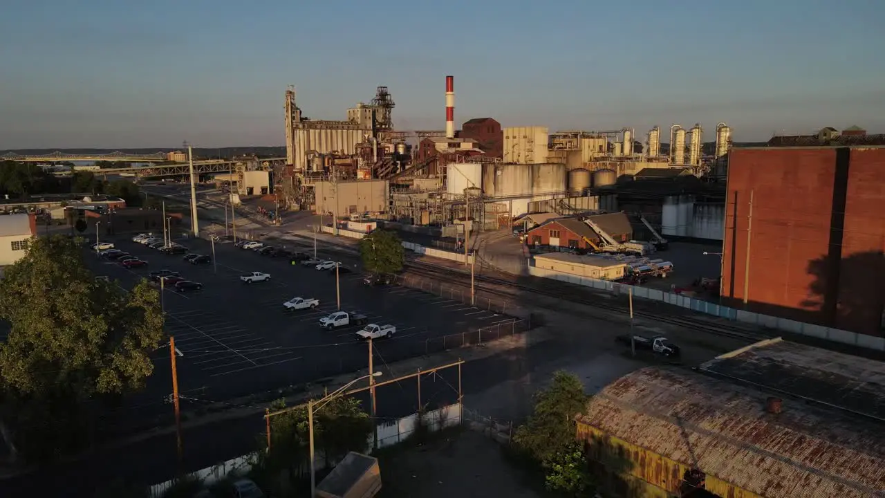 Drone aerial of an old industry alcohol-producing plant on the Illinois River