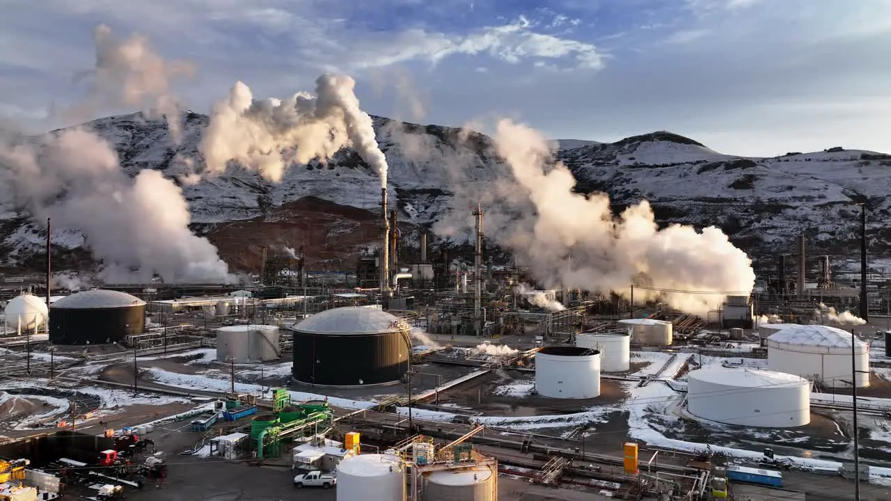 Incredible Morning Aerial Footage in Oil Refinery at North Salt Lake Utah Truck Left Movement