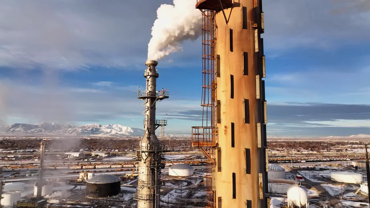 Aerial Reveal Shot of Distillation Tower at Refinery in North Salt Lake Utah