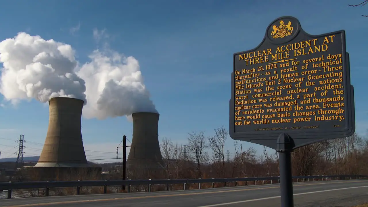 A sign recognizes the disastrous meltdown at Three Mile Island nuclear power plant