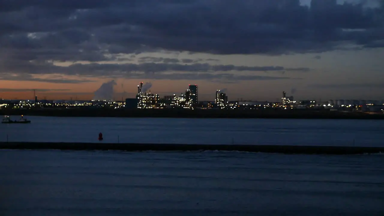 View from ferry arriving in the Hook of Holland just before dark Netherlands