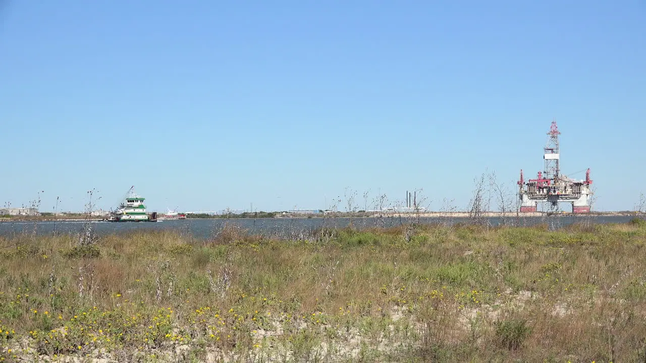 Texas Port Aransas Work Boat Approaches Oil Drilling Platform