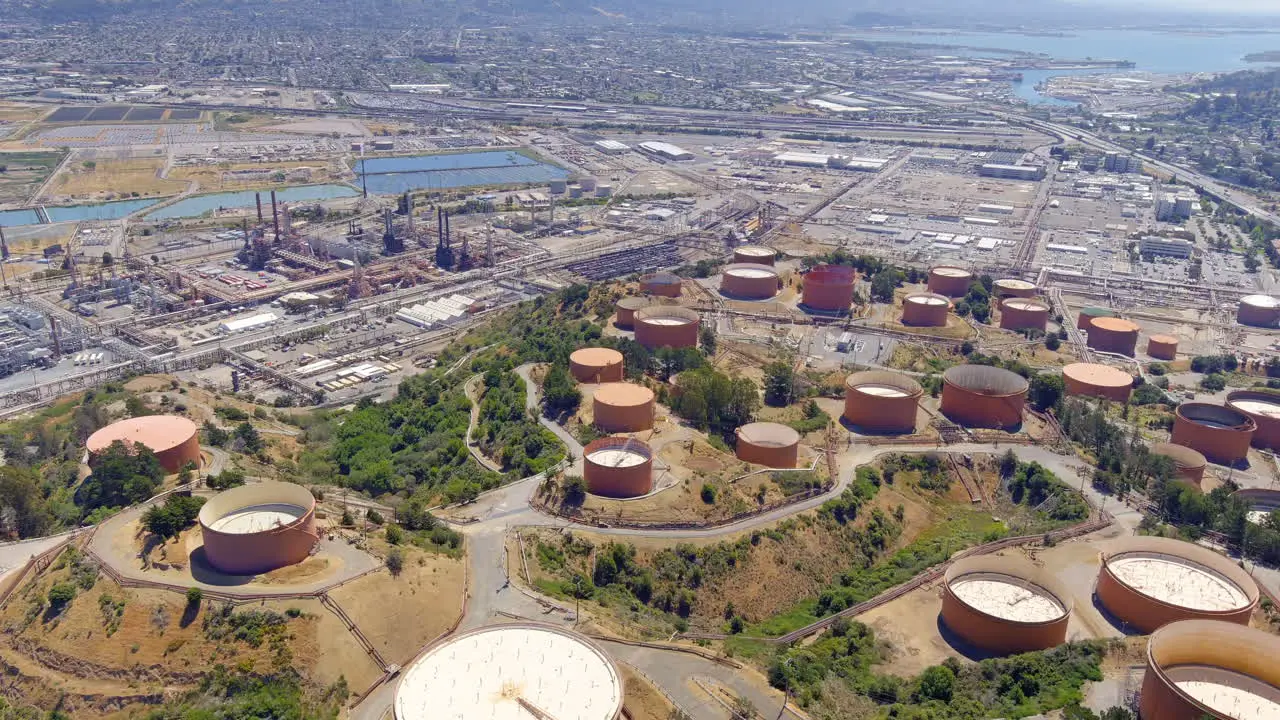 Aerial View Of Circular Tanks Near The Industrial Area Of Dutra Materials An Asphalt Contractor In California USA