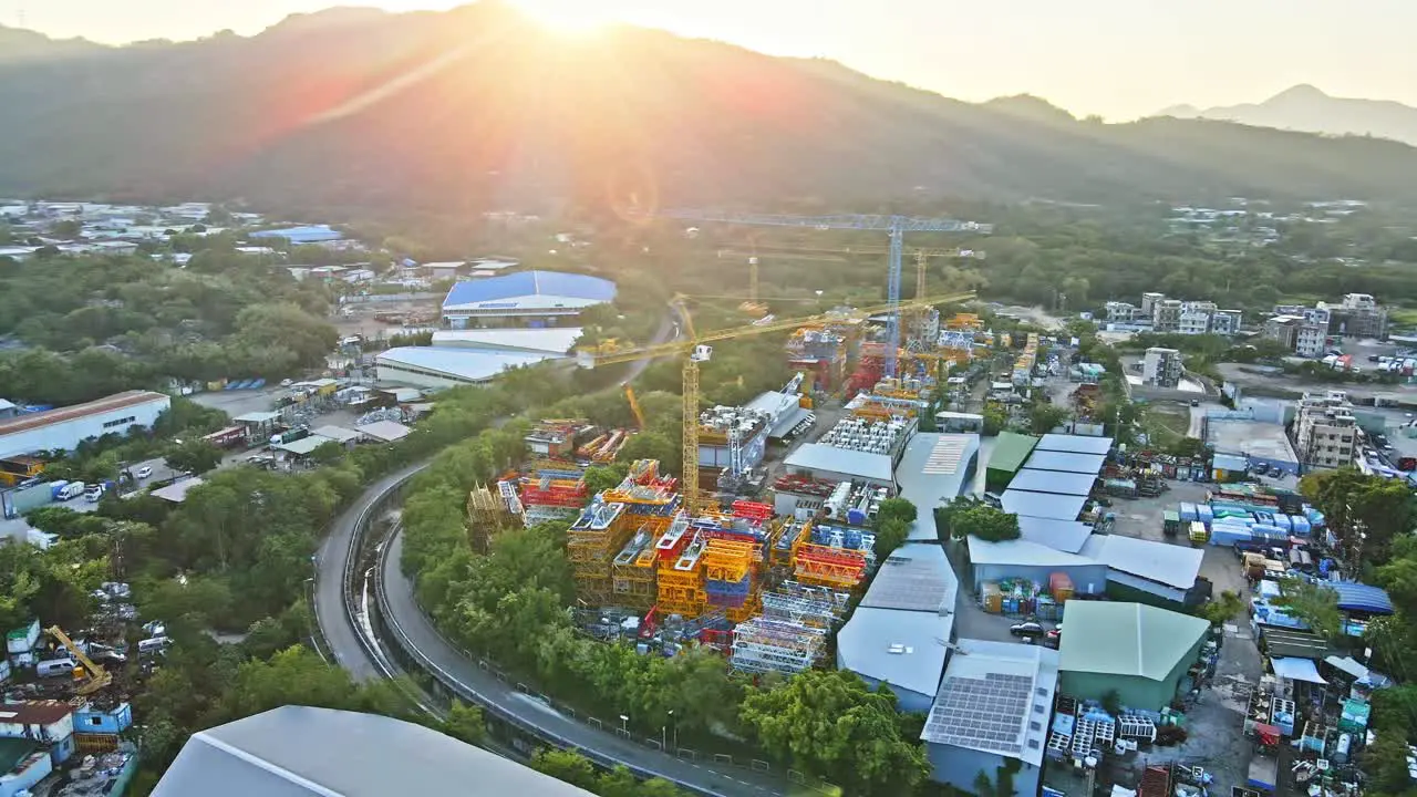 Yongmao Machinery tower crane Storage Facility in Yuen Long sunset aerial drone