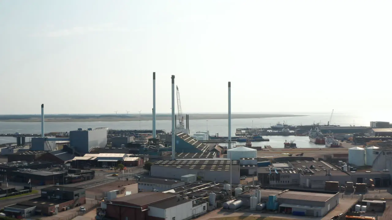 Aerial view of chimneys of petrochemical industries in Esbjerg Denmark seaport The Esbjerg seaport is one of the most important port in North Sea for oil and gas fields