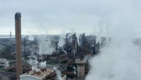 Drone Shot Lowering Down Port Talbot Steel Manufacturing Plant 