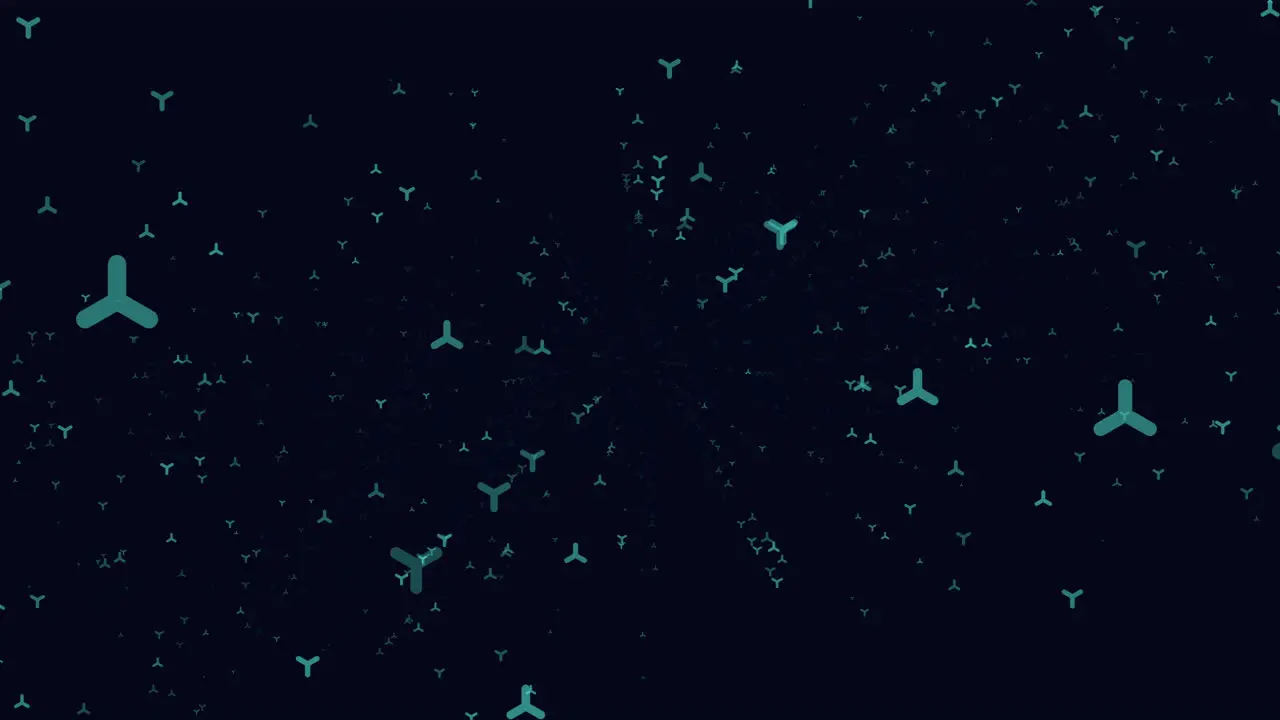 Random flying digital abstract neon triangles in dark galaxy