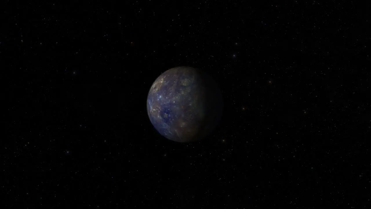 CGI composite planet Mercury rotating center-wide shot half lit with a starry background