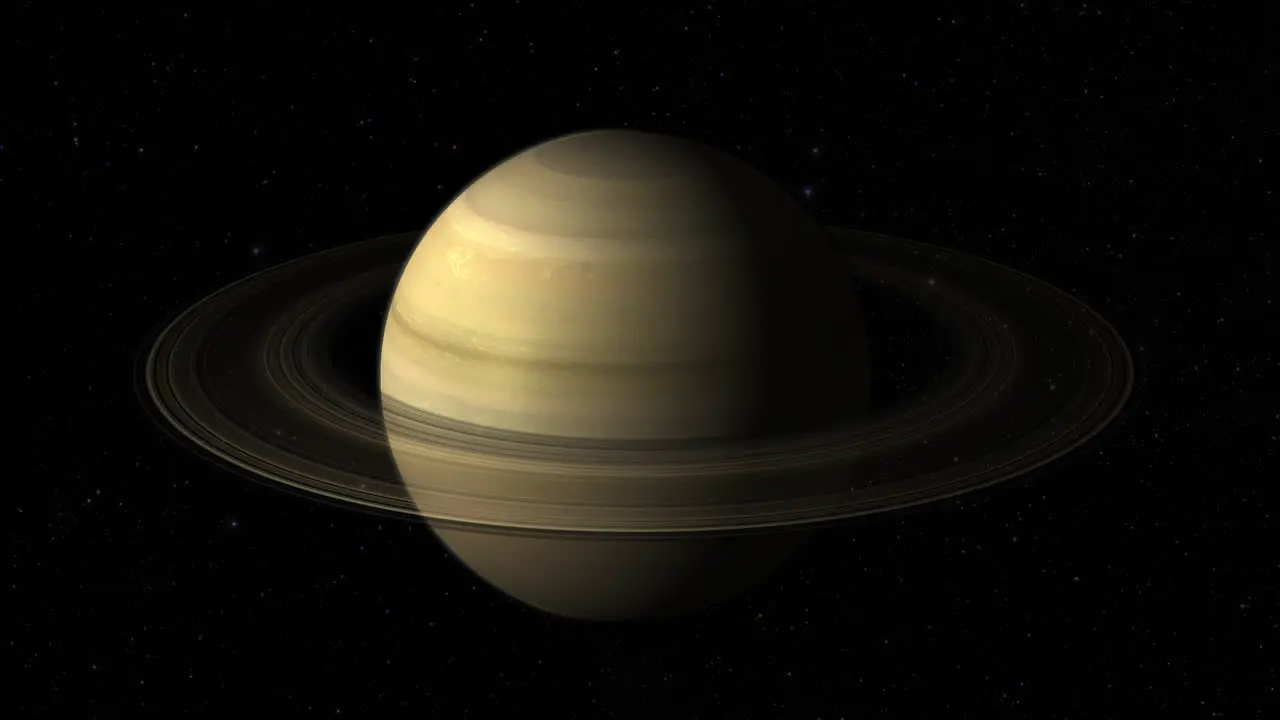 CGI composite planet Saturn with rings rotating center-medium shot