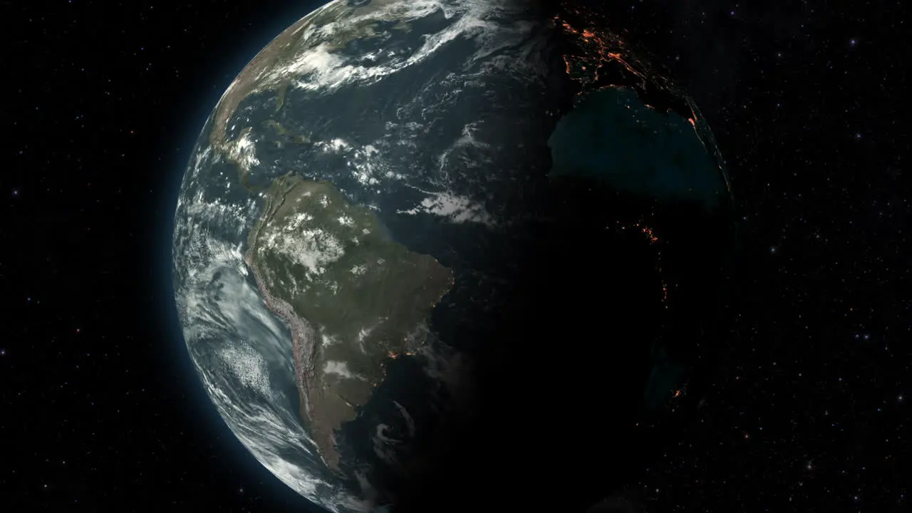 CGI composite zooming in to planet earth rotating half lit with a starry background