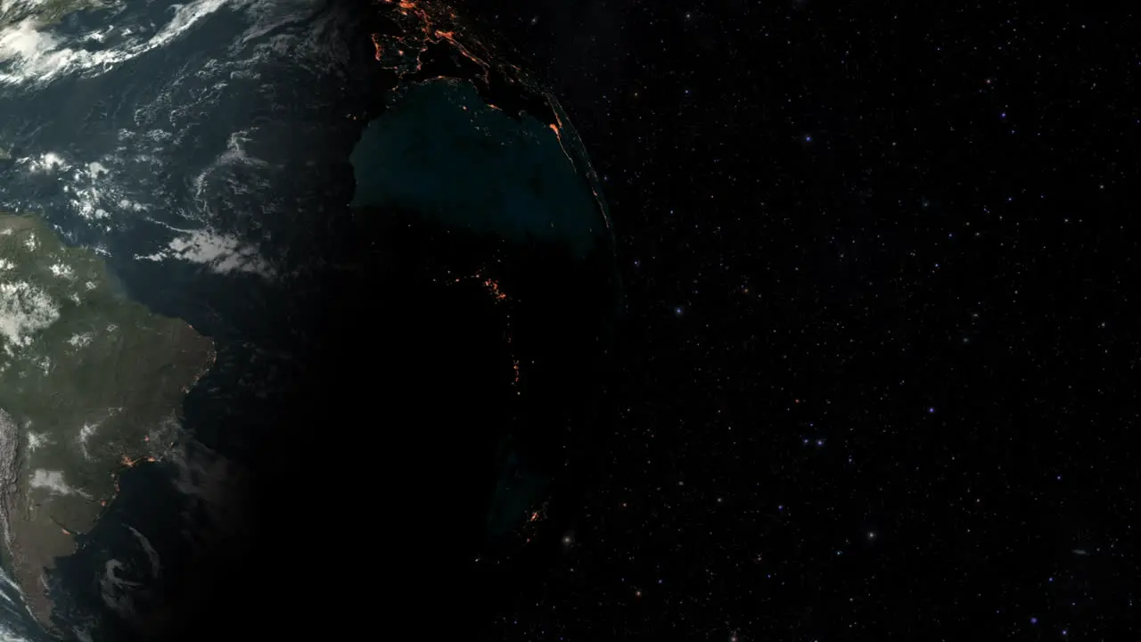 CGI composite planet earth rotating screen-left half lit with a starry background