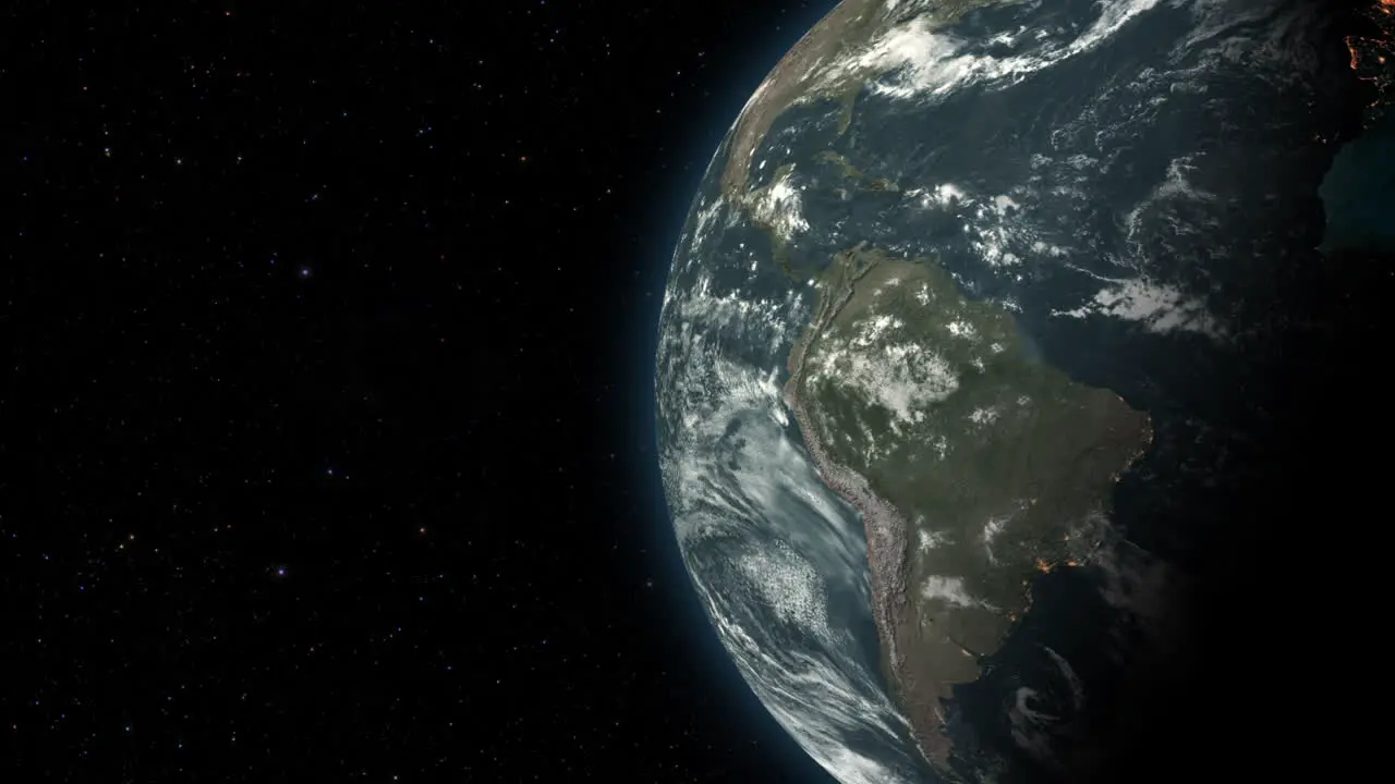 CGI composite planet Earth rotating screen-right half lit with a starry background