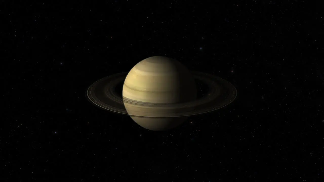 CGI composite zooming in to planet Saturn with rings rotating