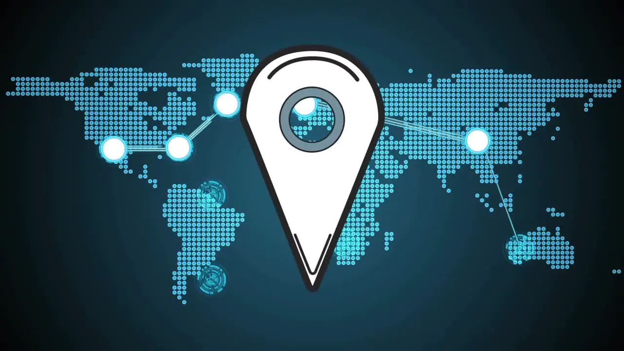 Digital animation of location pin icon against world map on blue background