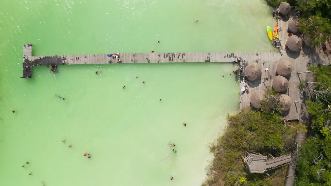 Aerial birds eye overhead top down zooming view of wooden pier above pastel green water People enjoying time at water in tropical destination Kaan Luum lagoon Tulum Yucatan Mexico