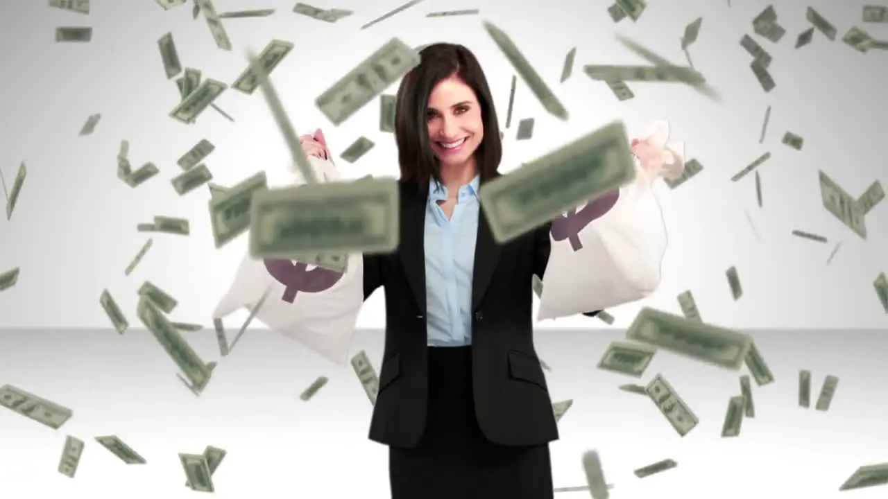 Composite video of businesswoman holding money bags