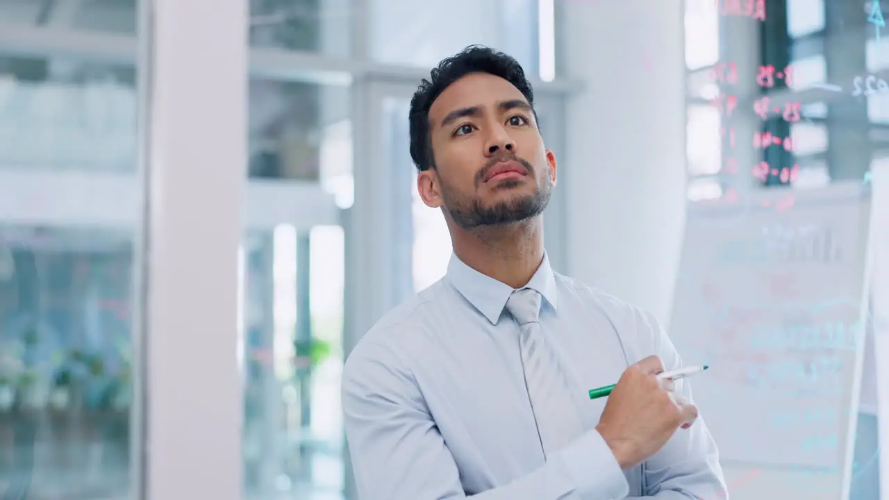 Thinking strategy and serious businessman writing